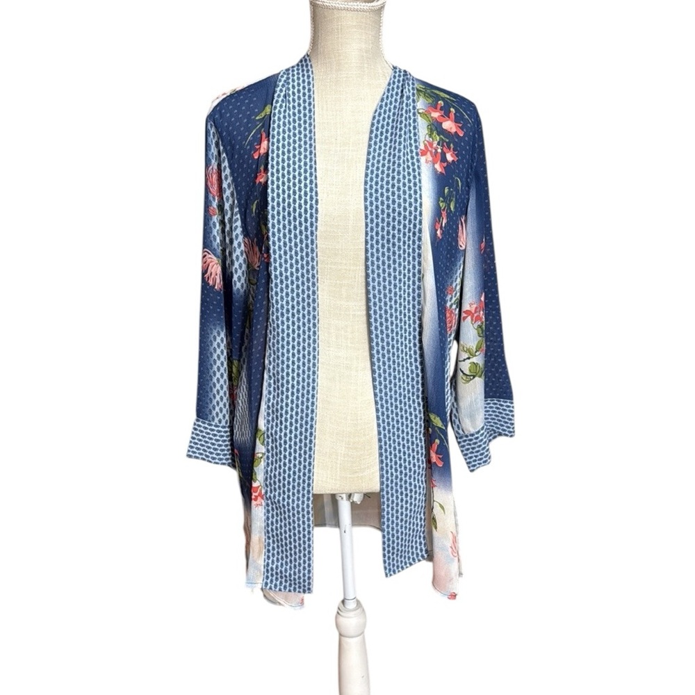 Multiples Blue Green Floral Kimono Topper Cardigan 3/4 Long Sleeve Womens L